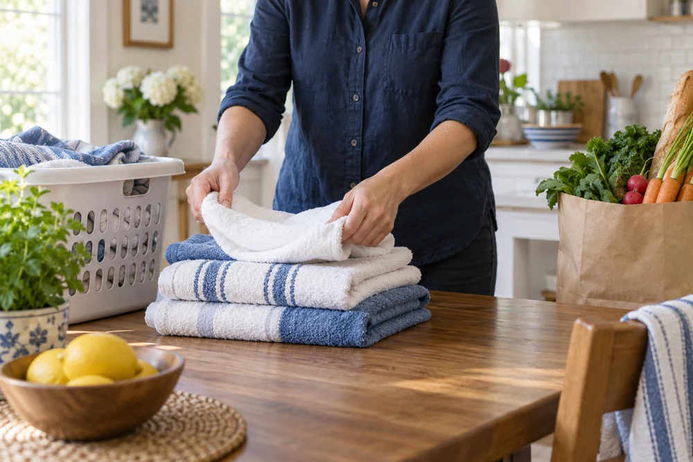Folding laundry and preparing household groceries