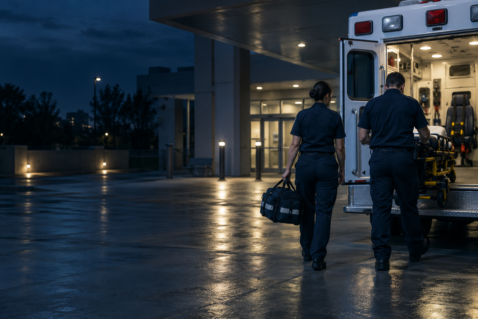 Emergency medical technicians beginning a night shift